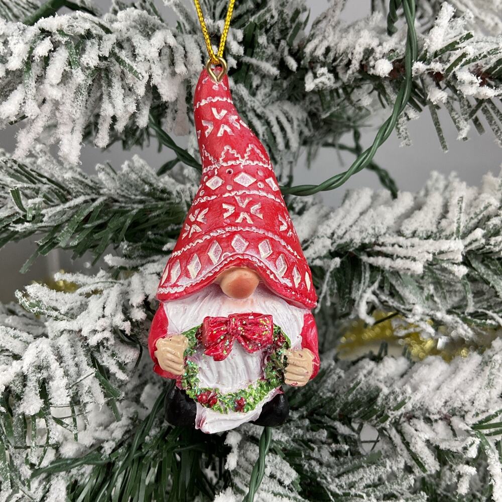 Christmas Ornament-Red And White Gnome Holding A Wreath-The Bridge Collection-